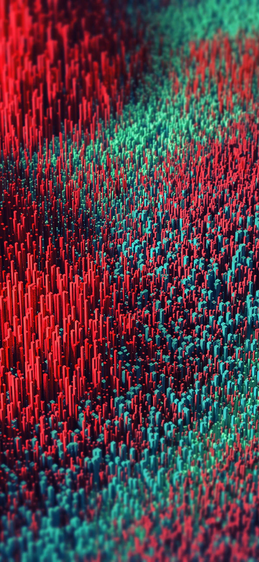 具有幾何紋理的紅色和藍綠色尖刺的抽象數位景觀。 — iPhone X 壁紙