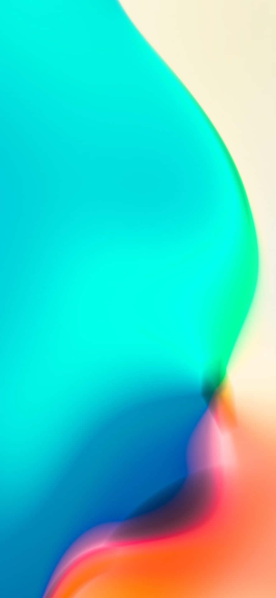  壁紙 — 充滿活力的抽象流體形狀將綠松石藍與火熱的橙色融合在柔和的奶油色背景上。