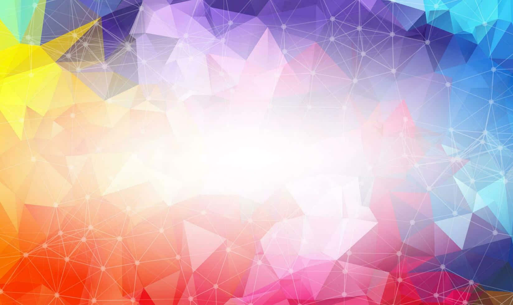  壁紙 — 充滿活力的抽象幾何圖案，帶有彩色三角形和發光的白色線條，形成輻射漸變背景。