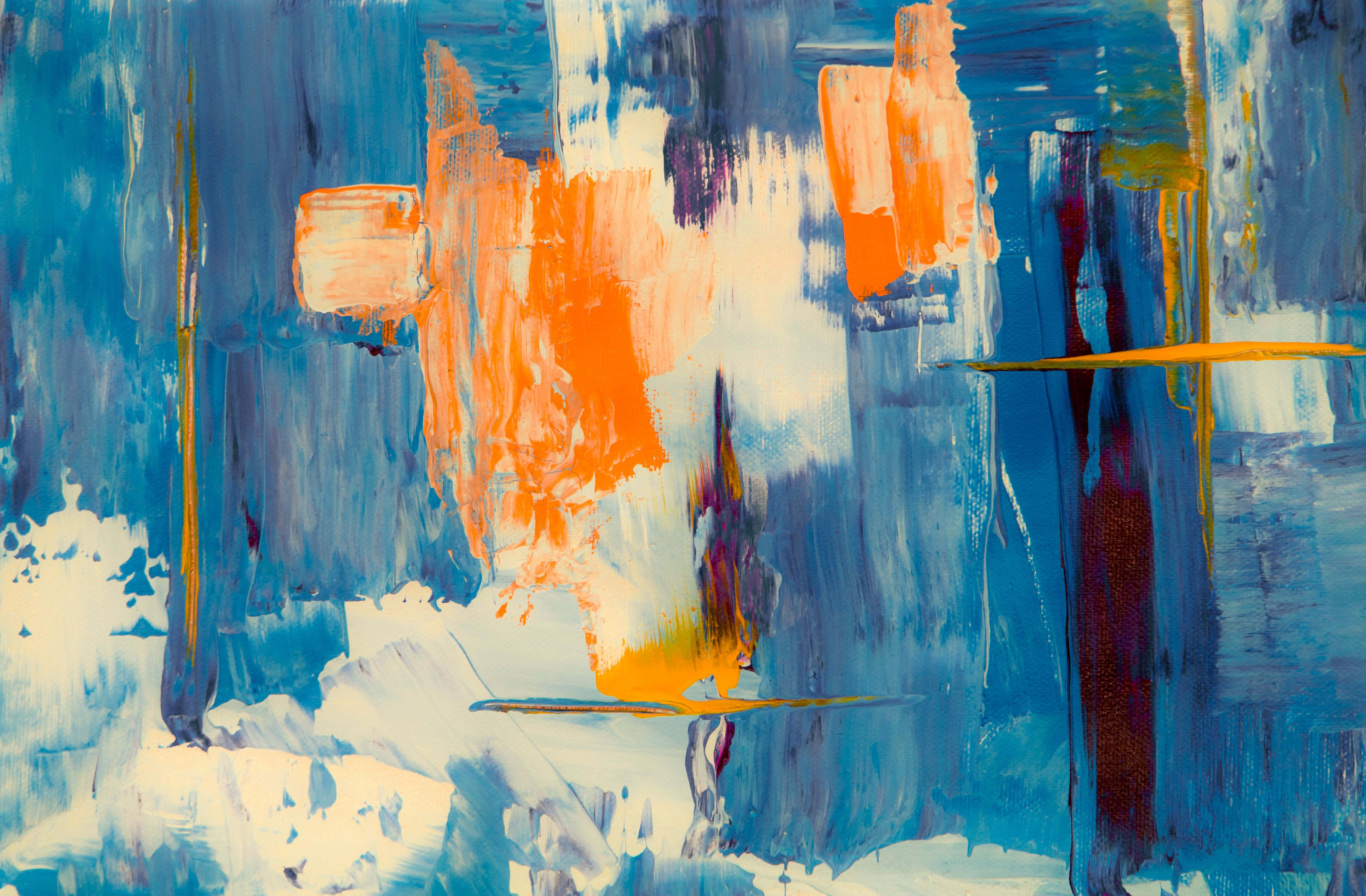 Abstract Expressionism 桌布 壁紙 — 充滿活力的抽象畫，以大膽的藍色、橙色和白色筆觸創造出動態的紋理能量。