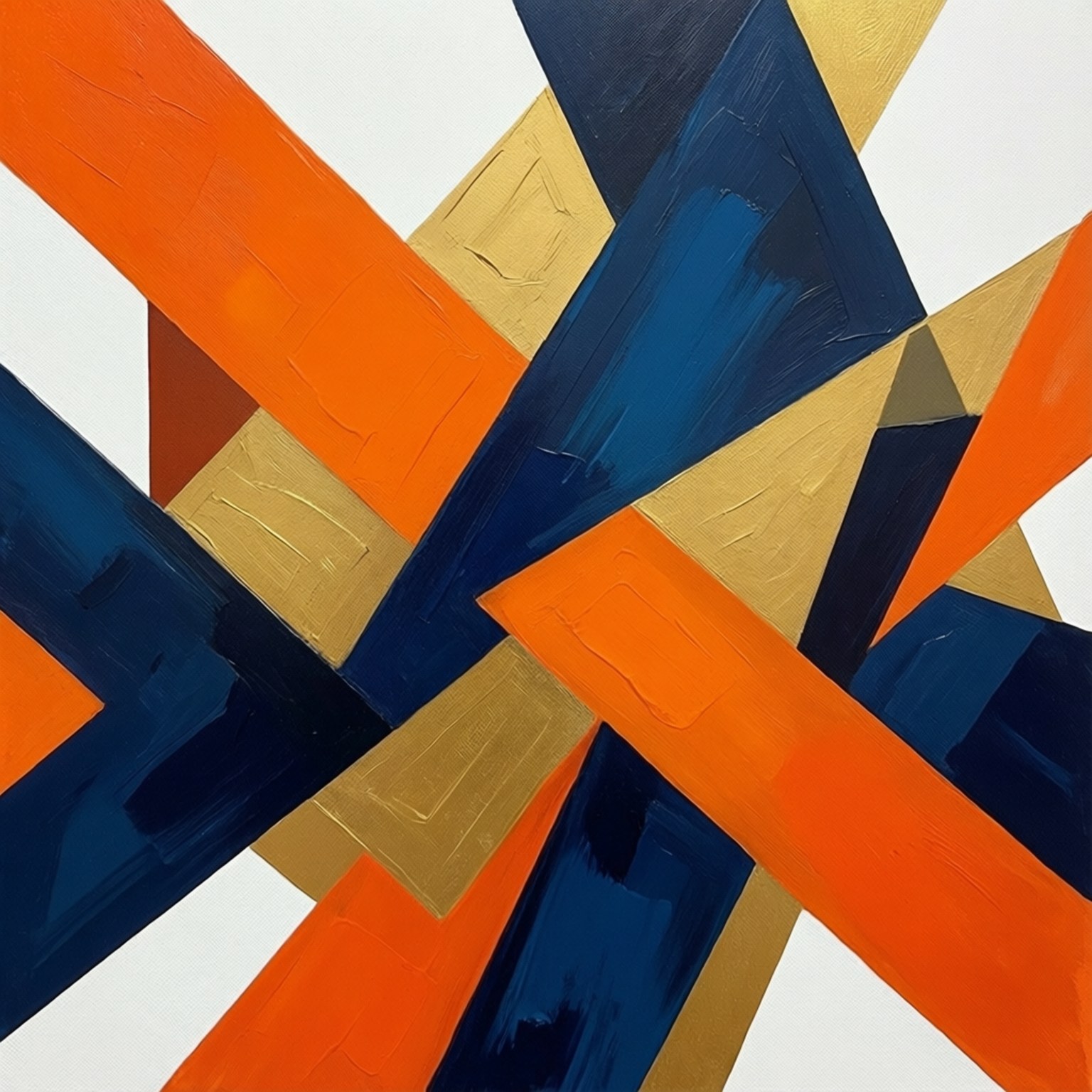Geometric Abstraction 壁紙 — 充滿活力的抽象畫，大膽的橙色、藍色和金色幾何形狀在白色背景上交織。