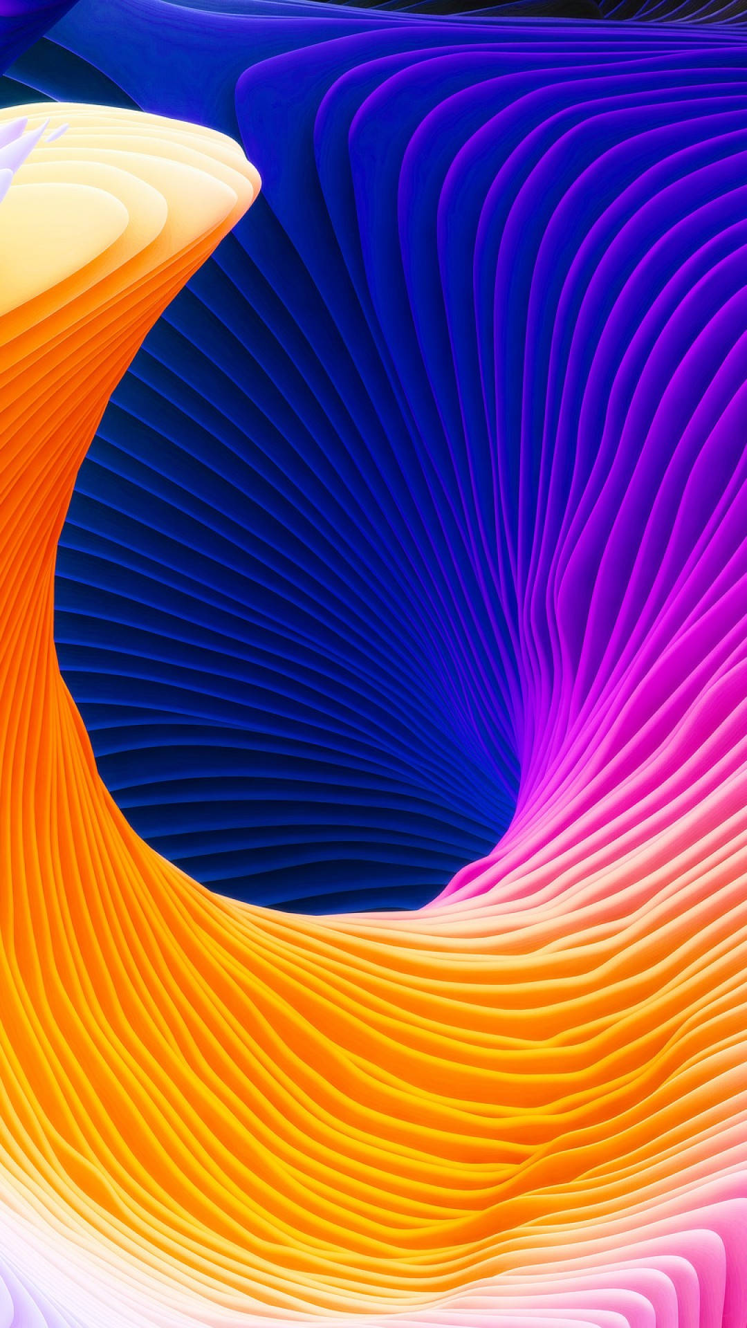 動態數位藝術作品，旋轉的彩色波浪形成渦流。 — 3D 壁紙