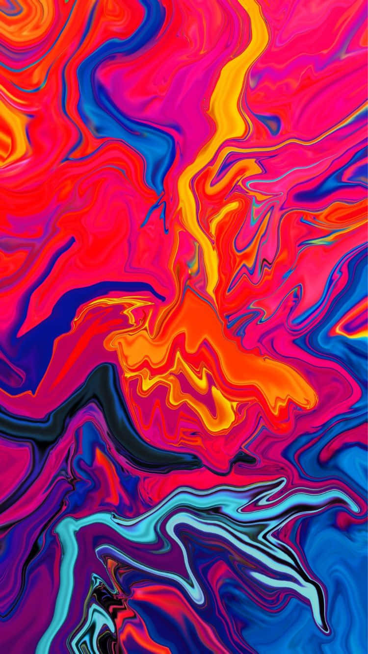  壁紙 — 火紅橙與電光藍的鮮豔抽象漩渦在畫布上營造出動態流體運動。
