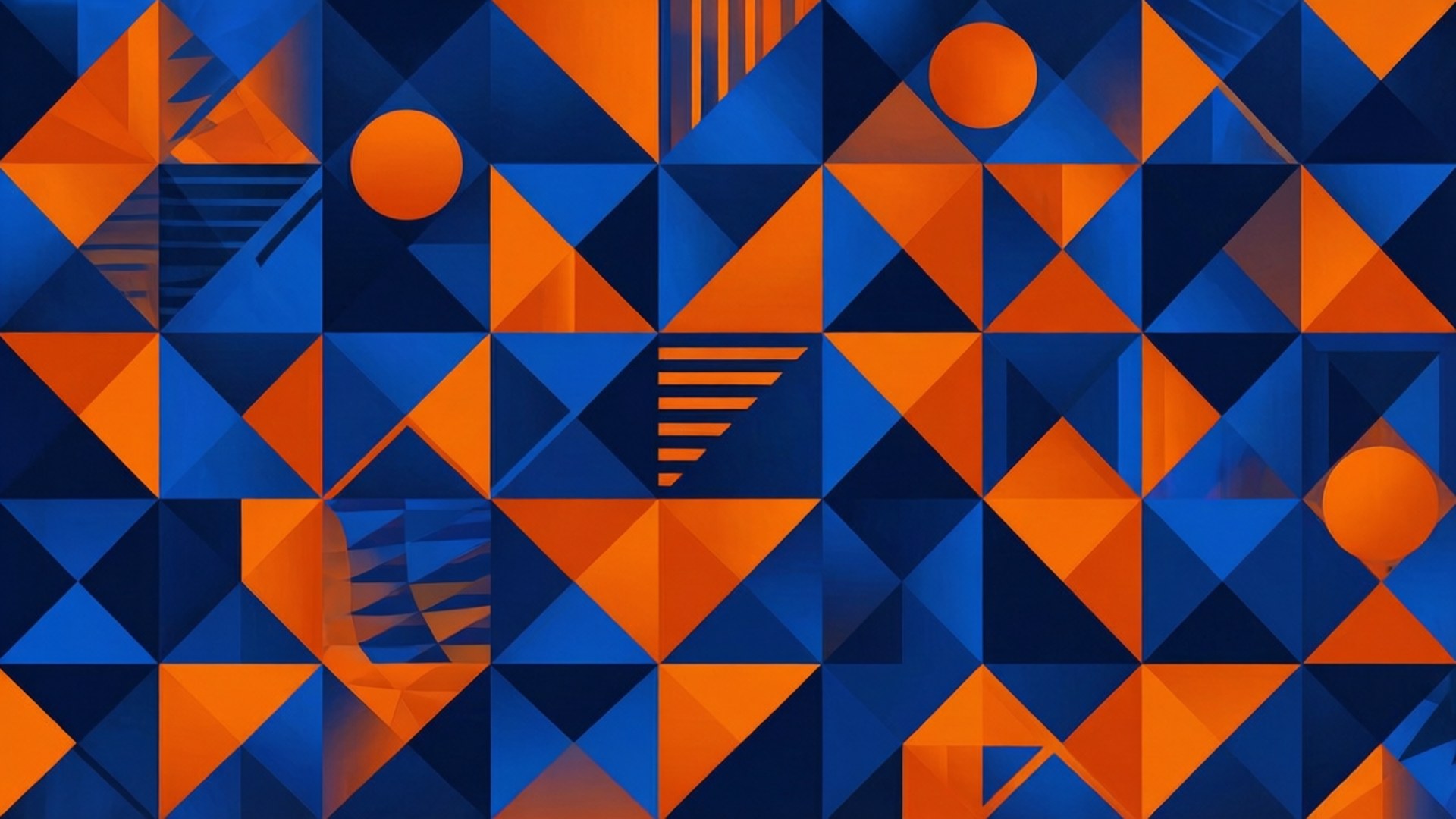 Knicks Geometric Abstract 壁紙 — 充滿活力的抽象壁紙，由銳利的藍色和橙色三角形切面以及浮動的圓形點綴組成。