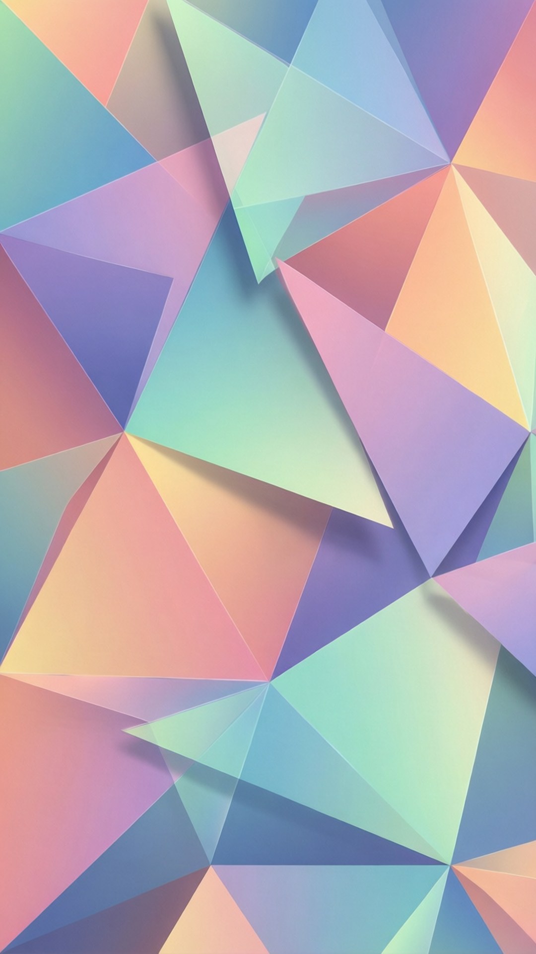Pastel Triangles 壁紙 — 充滿活力的抽象壁紙，由粉紅、藍、綠和黃色的柔和漸變重疊粉彩三角形組成。