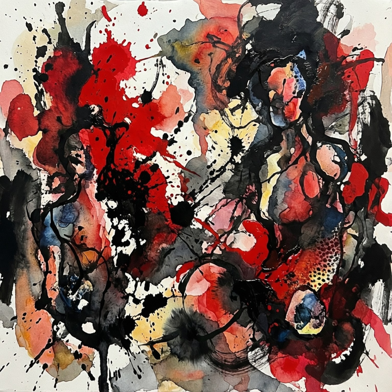 Abstract Ink Watercolor Splash 壁紙 — 充滿活力的抽象水彩潑濺，紅色、黑色和黃色在白色畫布上爆發，帶有動態的滴落和紋理筆觸。