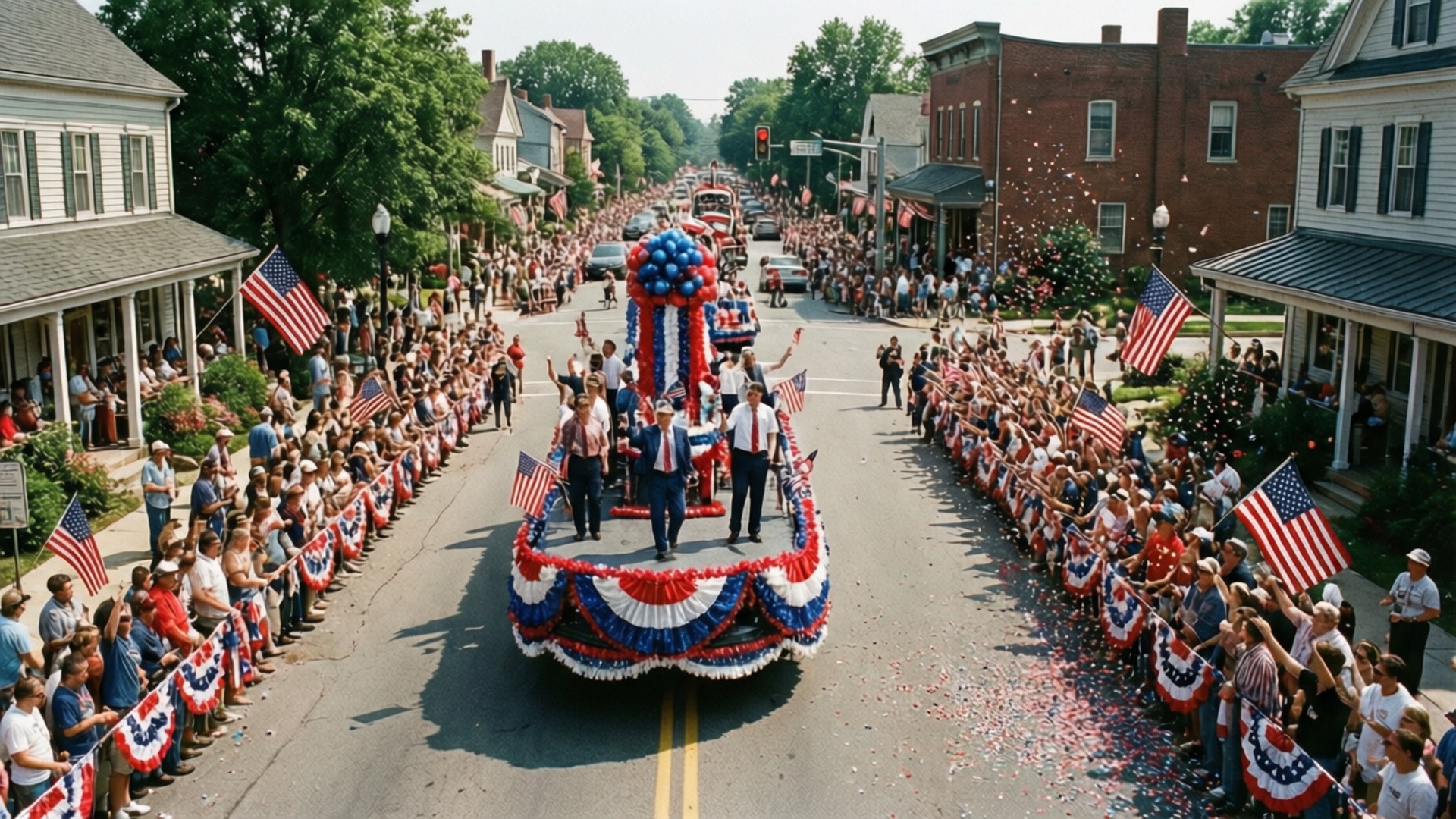 Small Town Parade 壁紙 — 一場充滿活力的美國遊行沿著陽光明媚的街道前進，兩旁是歡呼的人群，揮舞旗幟並拋灑五彩紙屑。