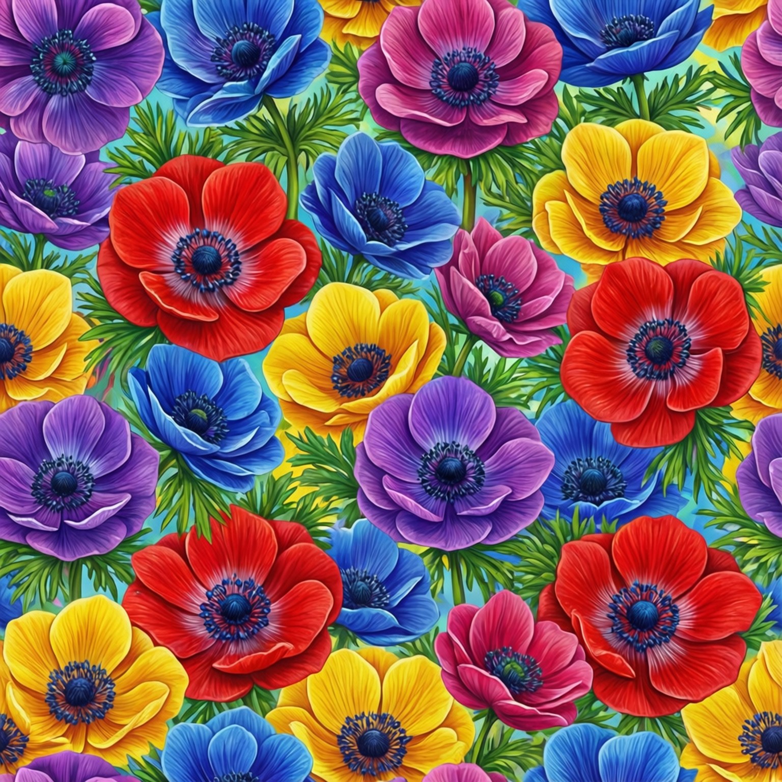 Anemone Flower Pattern 壁紙 — 鮮豔的紅、藍、紫、黃色銀蓮花在青綠色背景上密集綻放，伴隨著綠色葉子。