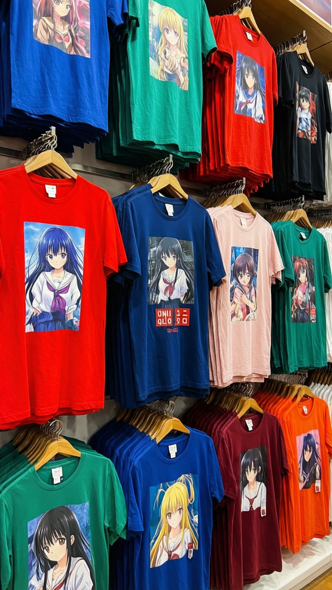Uniqlo UT Graphic Wall 壁紙 — 鮮豔的動漫角色T恤，紅色、藍色、綠色和粉紅色整齊地掛在零售店展示的木衣架上。