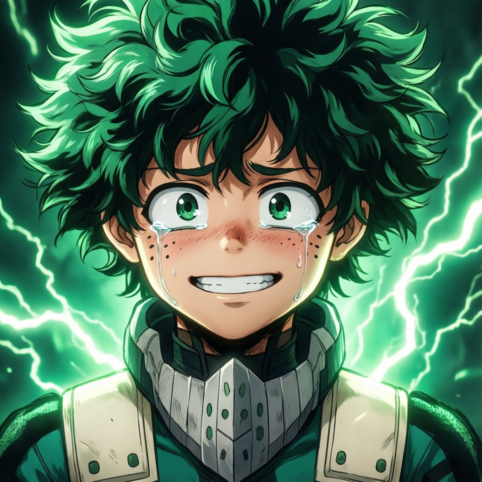 Deku Tearful Smile 壁紙 — 一個充滿活力的動漫角色，擁有尖刺的綠色頭髮和發光的眼睛，在劈啪作響的綠色閃電背景下含淚微笑。