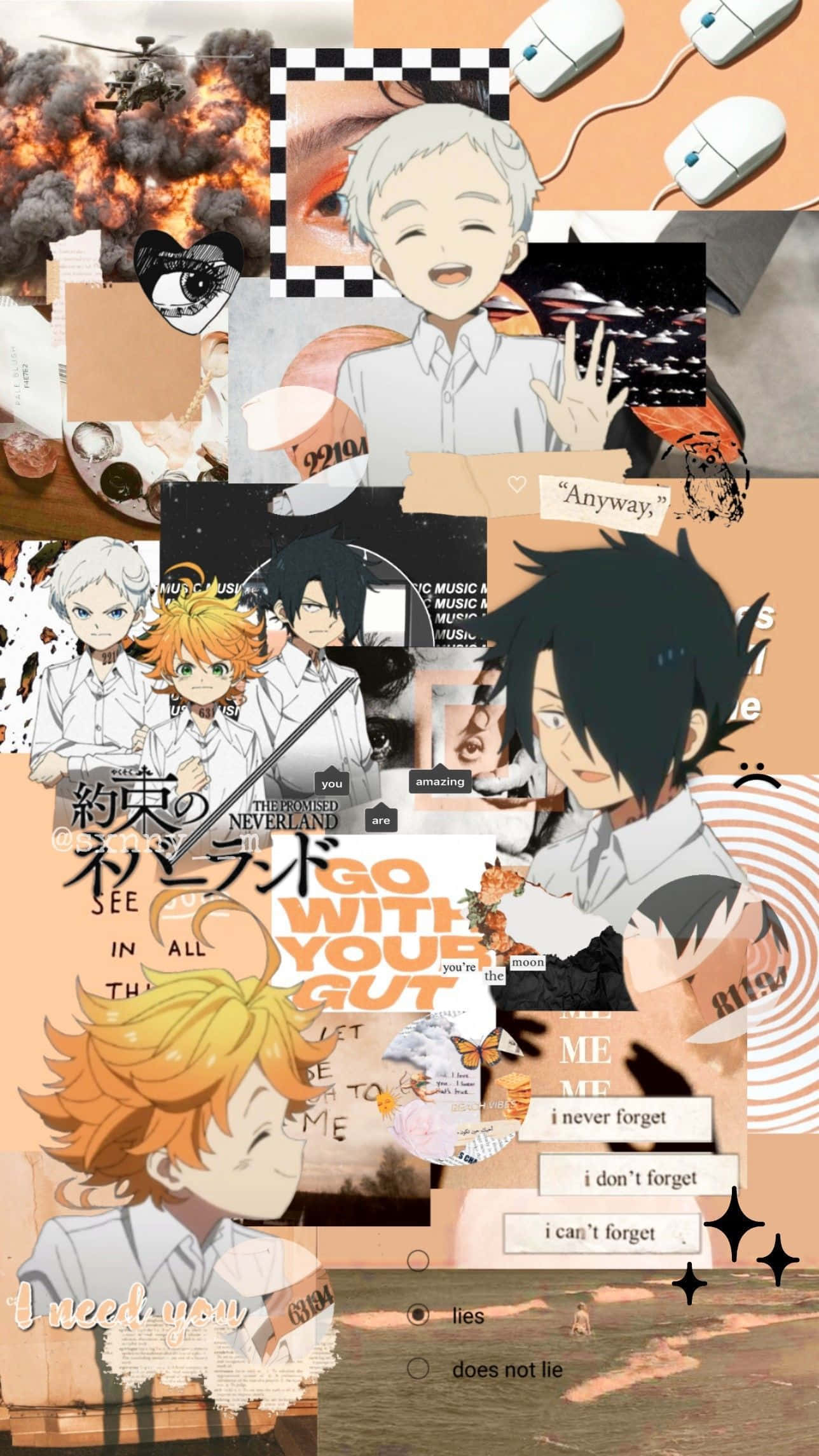 The Promised Neverland Emma 桌布 壁紙 — 一個充滿活力的動漫拼貼畫，以《鏈鋸人》角色、文字語錄和遊戲周邊設備為特色，背景為溫暖的蜜桃色。