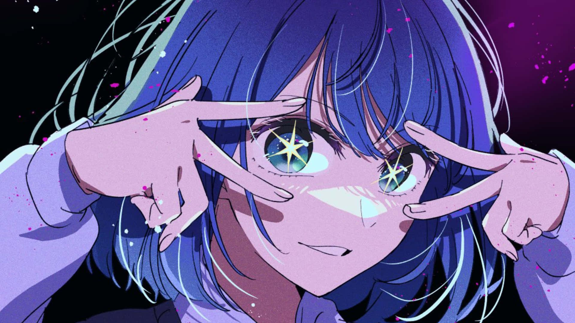  壁紙 — 一個充滿活力的動漫女孩，閃爍的星形眼睛，用手指框住她的臉，背景是宇宙紫色。