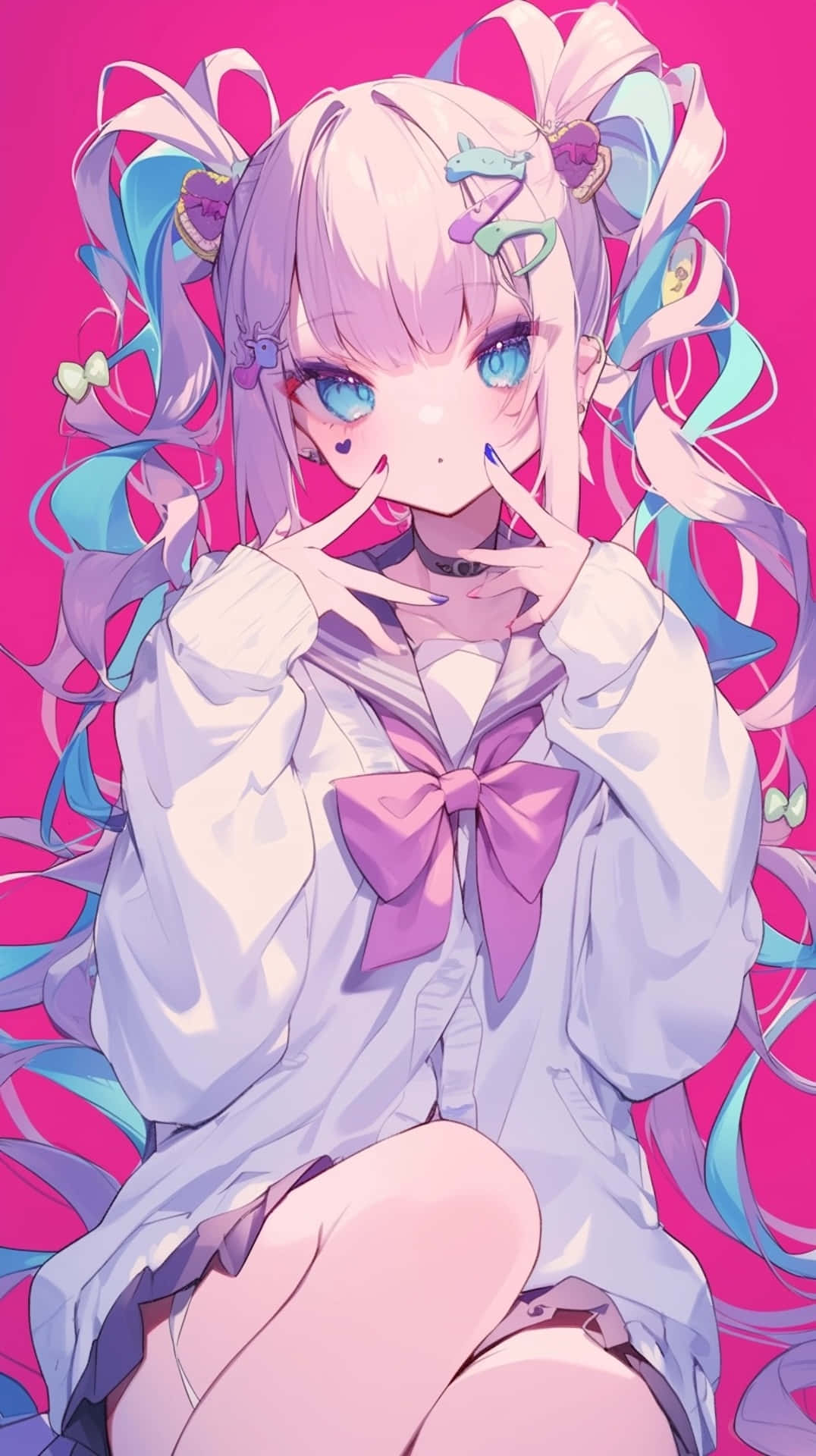 Needy Streamer Overload 桌布 壁紙 — 一個充滿活力的動漫女孩，擁有粉紅色和藍色的頭髮，在明亮的粉紅色背景上做出和平手勢。