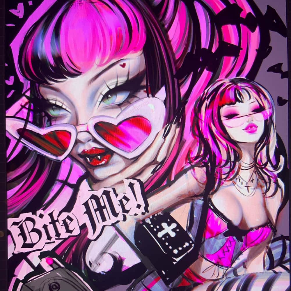  壁紙 — 充滿活力的動漫風格插圖，描繪了兩位粉紅色頭髮的女孩，戴著心形太陽眼鏡和吸血鬼尖牙，採用大膽的塗鴉風格設計。