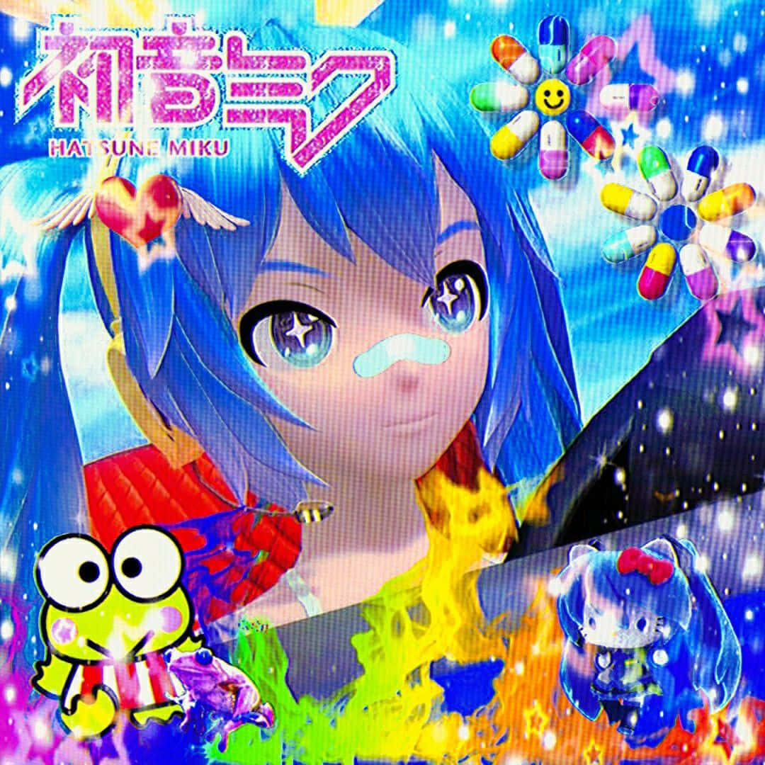  壁紙 — 初音未來的鮮豔動漫風格肖像，藍色頭髮和星星眼睛，被彩色藥丸和卡通人物環繞，背景是閃爍的宇宙。