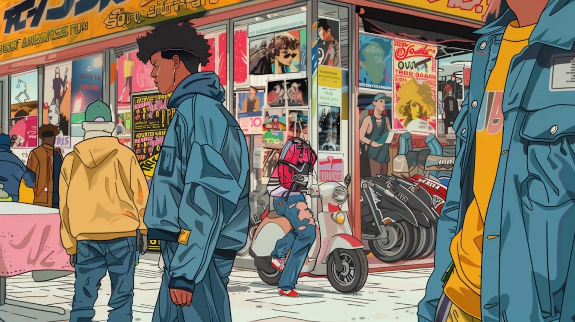  壁紙 — 充滿活力的動漫風格街景，描繪青少年在色彩繽紛的城市環境中靠近音樂商店和滑板車騎士。