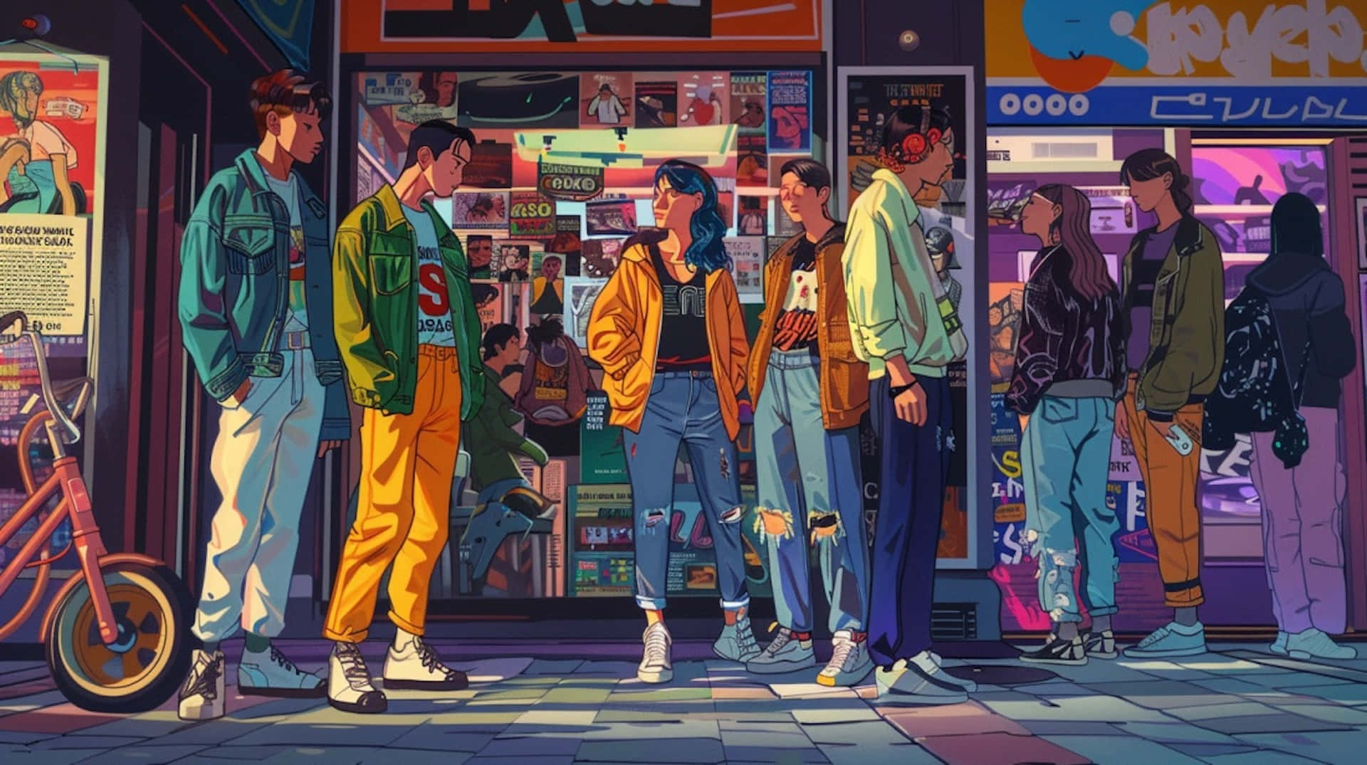  壁紙 — 充滿活力的動漫風格青少年穿著色彩繽紛的街頭服飾，夜晚站在霓虹燈商店外聊天。