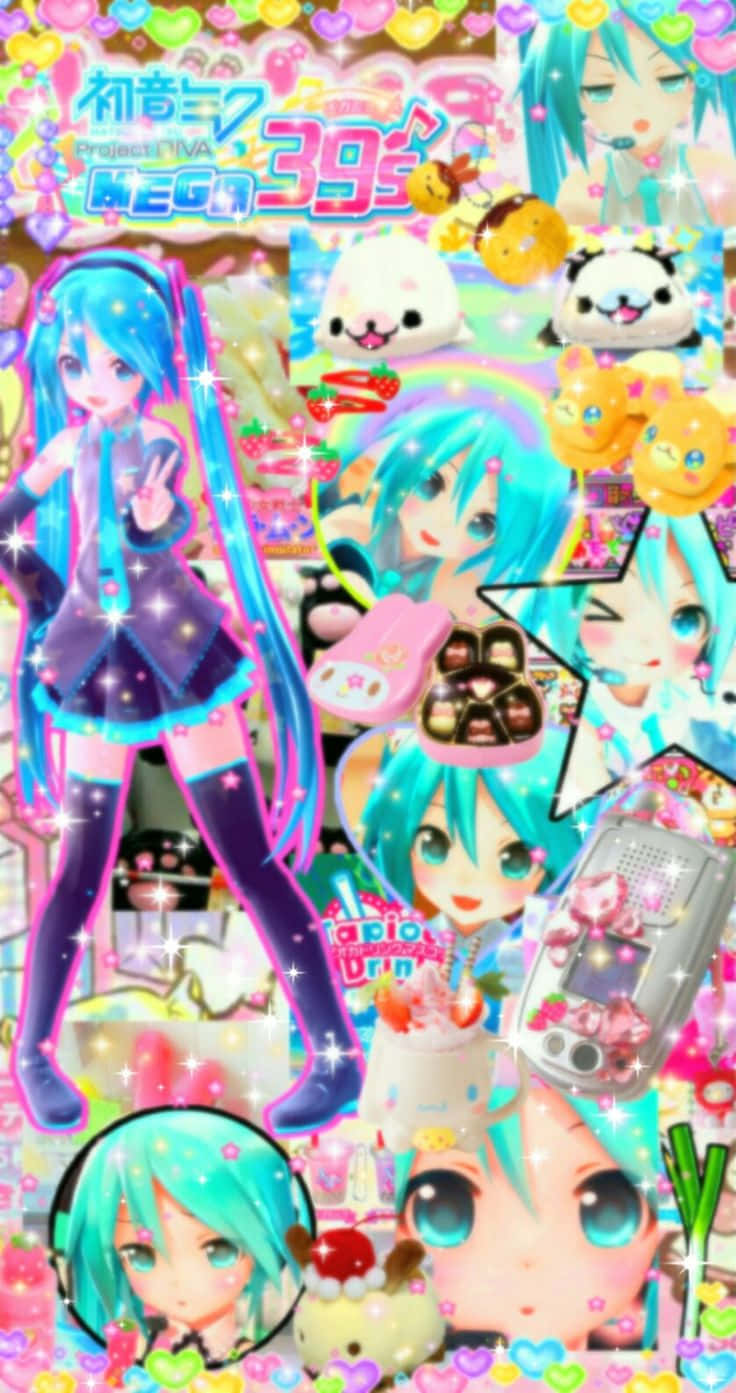  壁紙 — 充滿活力的動漫桌布， featuring 多個初音未來的描繪，周圍環繞著閃閃發光的心形、毛絨玩具和糖果主題配件。