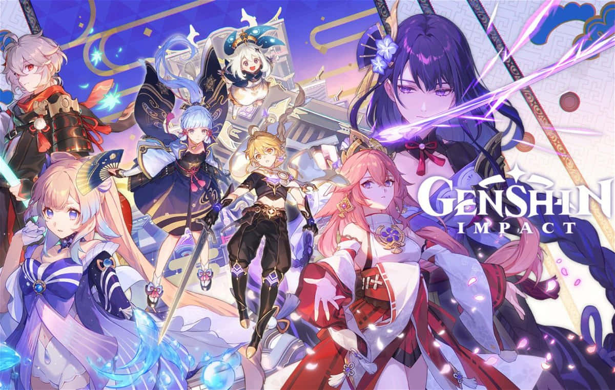 七個來自原神的動漫角色，帶有發光魔法和華麗服飾。 — 雷電將軍 壁紙