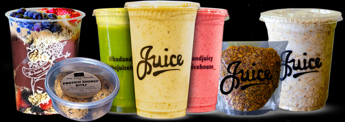 Smoothies 桌布 壁紙 — Juice Juice House 的鮮豔多彩冰沙和蛋白小食系列，以黑色背景展示。