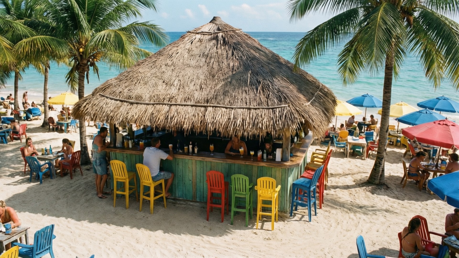 Beach Bar Vibes 壁紙 — 一間充滿活力的海灘酒吧，茅草屋頂和彩色椅子，坐落在白色沙灘上，周圍環繞著棕櫚樹和碧綠的海洋。