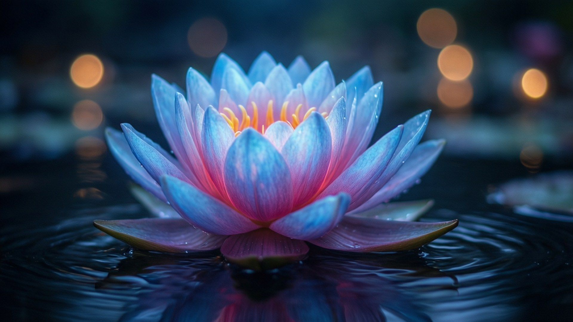 macOS Mojave Glowing Lotus 壁紙 — 一朵鮮豔的藍色和粉紅色蓮花在黑暗的水面上盛開，金色的散景燈光在漣漪中反射。