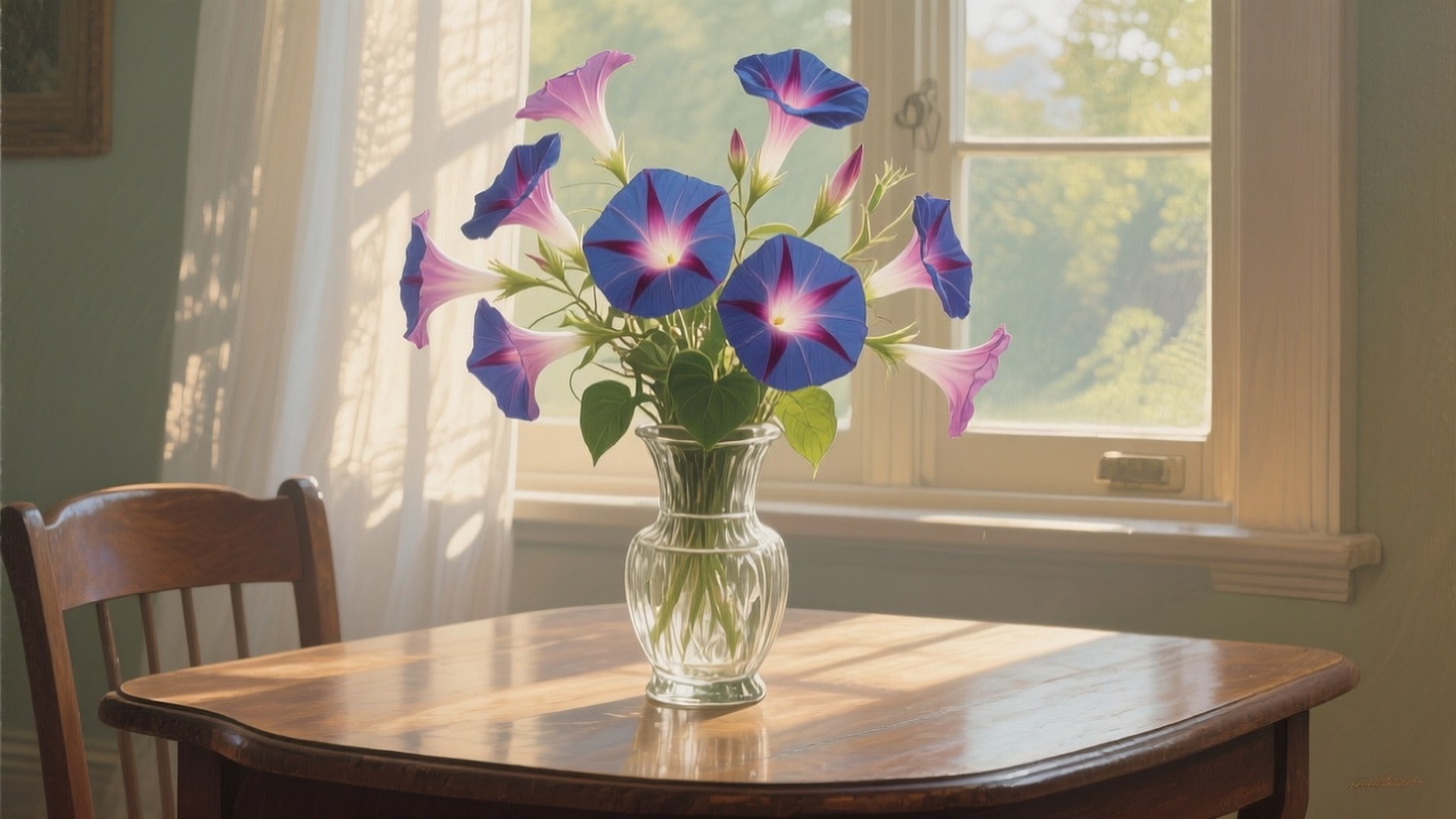 Vase Still Life Morning Glory 壁紙 — 鮮豔的藍色和紫色牽牛花在透明玻璃花瓶中盛開，花瓶放在木桌上，沐浴在窗戶溫暖的陽光下。
