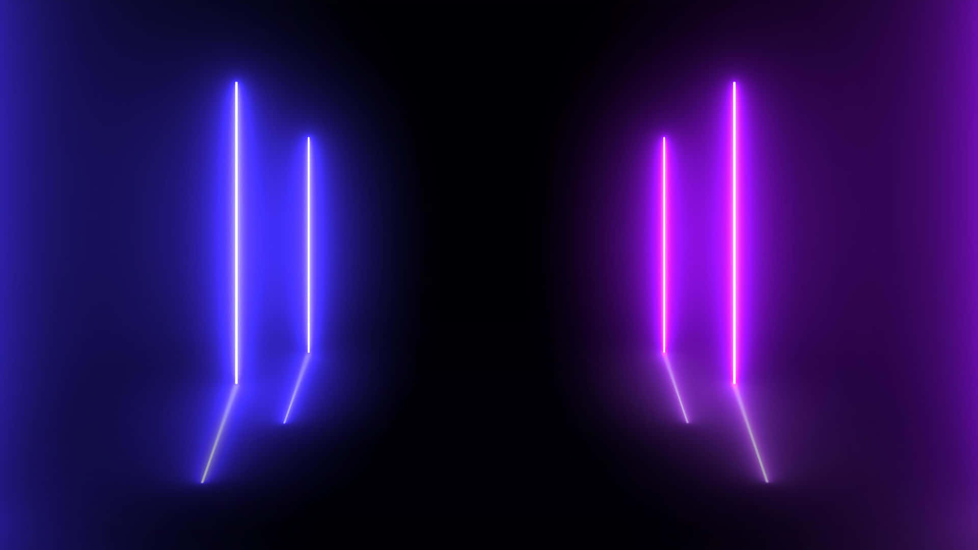 霓虹燈管在黑暗背景和反光地板上發出藍色和紫色的光芒。 — 3D 壁紙