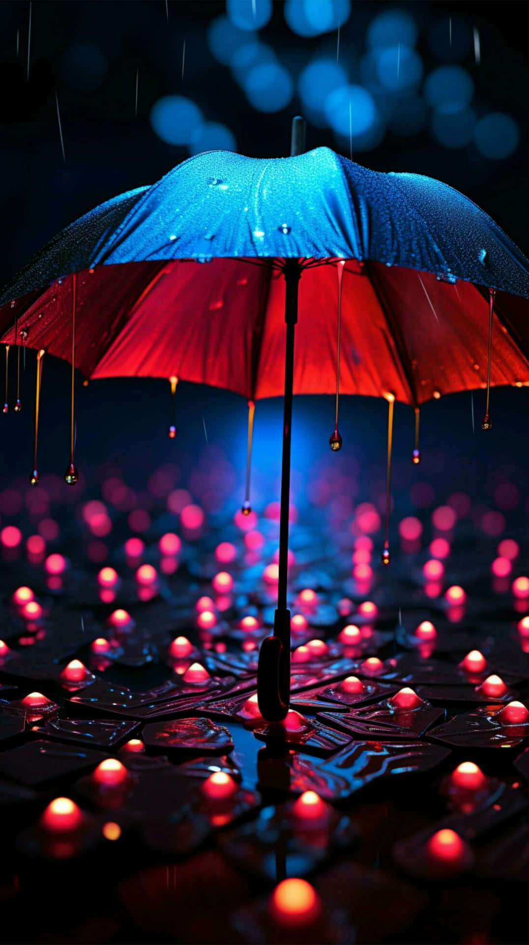  壁紙 — 一把鮮豔的藍紅雨傘在深藍色散景天空下，將雨水滴落在潮濕表面上閃爍的粉紅燈光上。