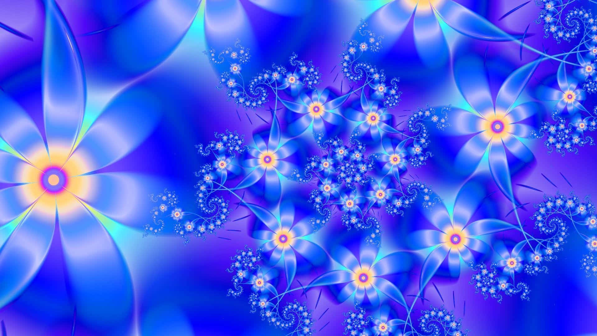  壁紙 — 充滿活力的藍色碎形花朵，帶有發光的黃色中心，在旋轉的數位圖案中綻放。