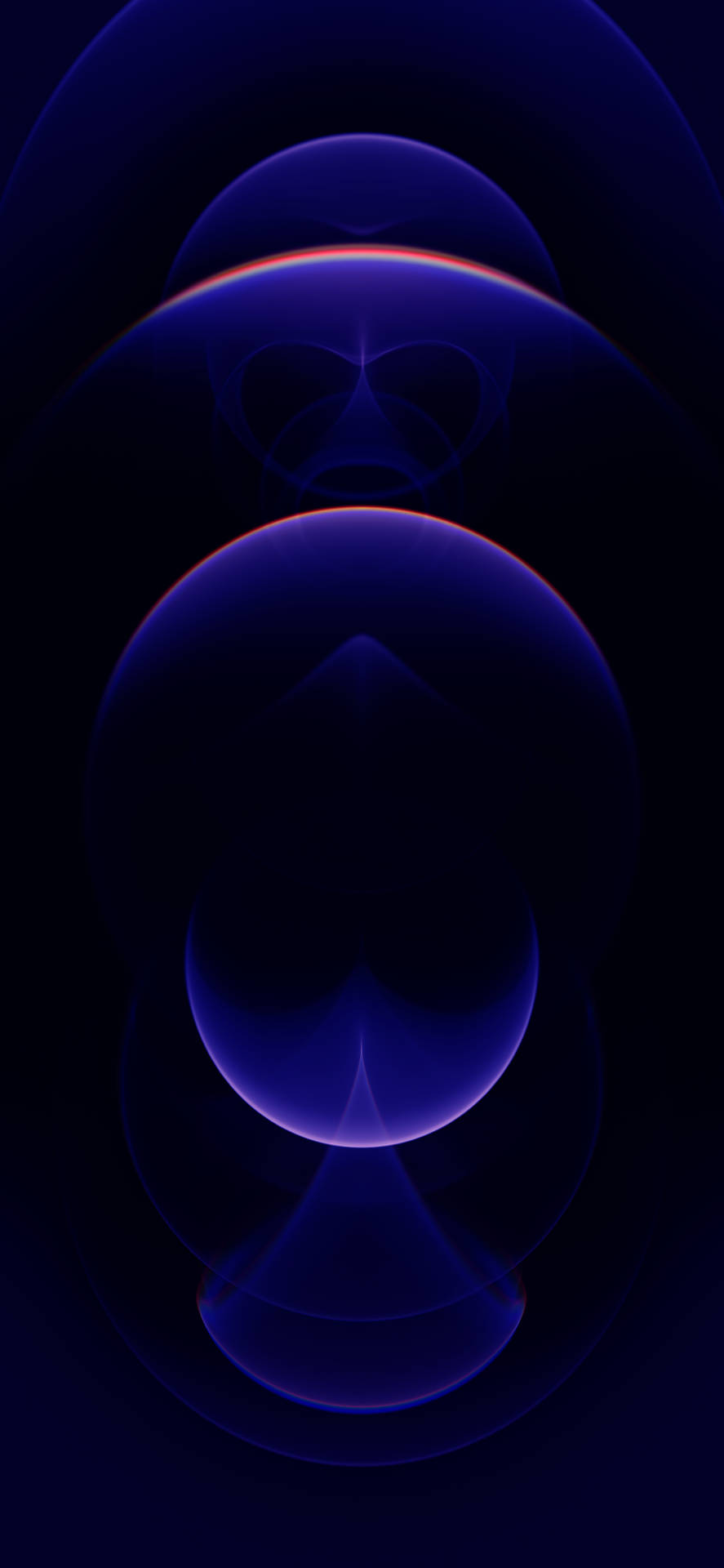 在黑色背景上漂浮的帶有紅色邊緣的發光藍色球體。 — iPhone 12 Pro Max 壁紙