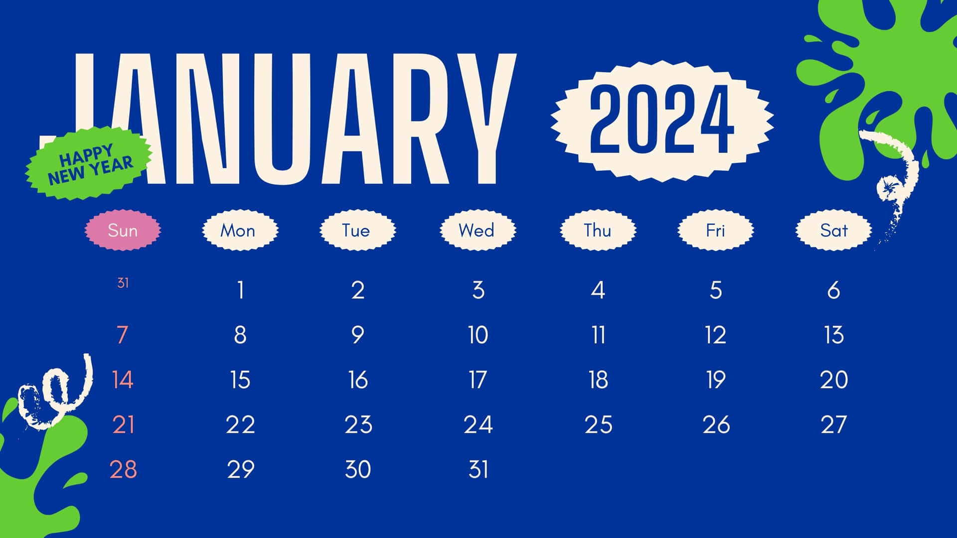  壁紙 — 充滿活力的藍色2024年1月日曆，帶有節日綠色潑濺和「新年快樂」徽章。