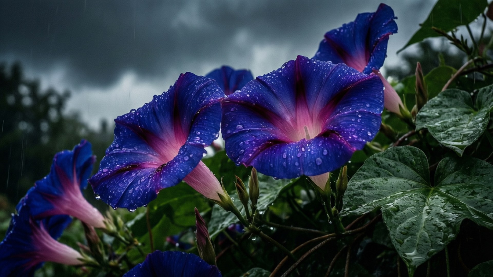 Rainy Day Morning Glory 壁紙 — 充滿活力的藍色牽牛花，帶有粉紅色中心，在黑暗暴風雨的天空下閃爍著雨滴。