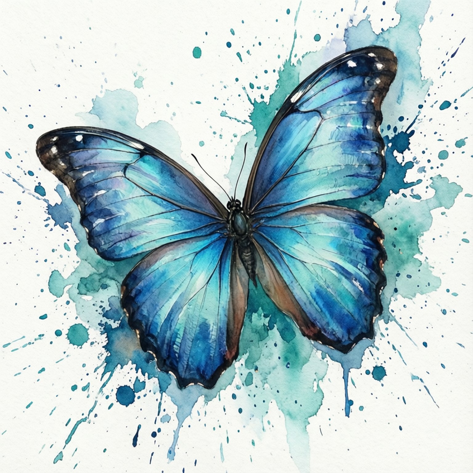 Blue Morpho Watercolor 壁紙 — 一隻充滿活力的藍色閃蝶，帶有虹彩翅膀，位於動態的水彩潑濺背景中，顏色為青綠色和白色。