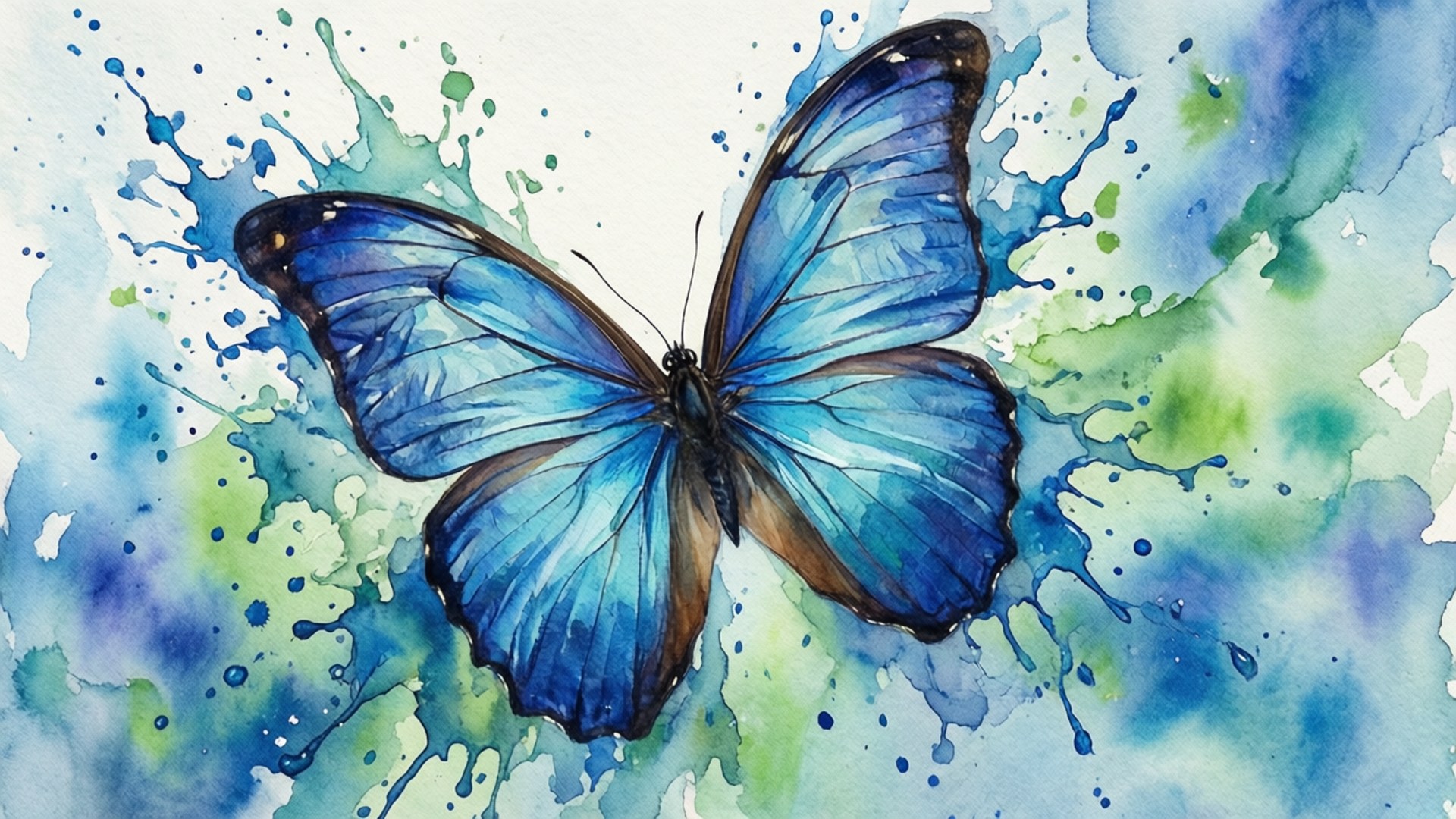 Watercolor Blue Butterfly 壁紙 — 一隻充滿活力的藍色閃蝶，帶有詳細的翅膀，從白色背景上的動態藍色和綠色水彩潑濺中浮現。