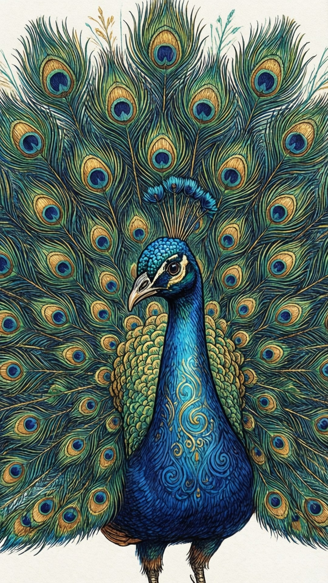 Doodle Peacock Splendor 壁紙 — 一隻鮮豔的藍孔雀在素色背景下展示其複雜的綠色和金色眼狀斑點羽毛扇。