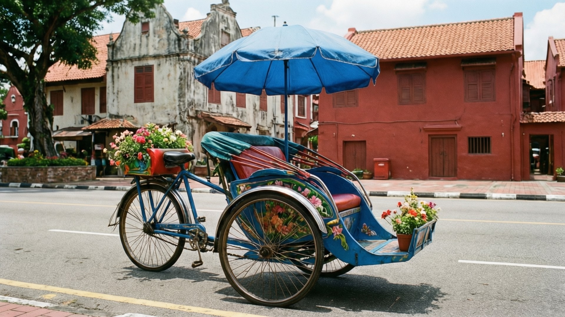Malacca Trishaw Street 壁紙 — 一輛鮮藍色的三輪車，帶有花卉裝飾和相配的傘，停在一条兩旁有歷史悠久的紅白建築物的街道上，天空晴朗。