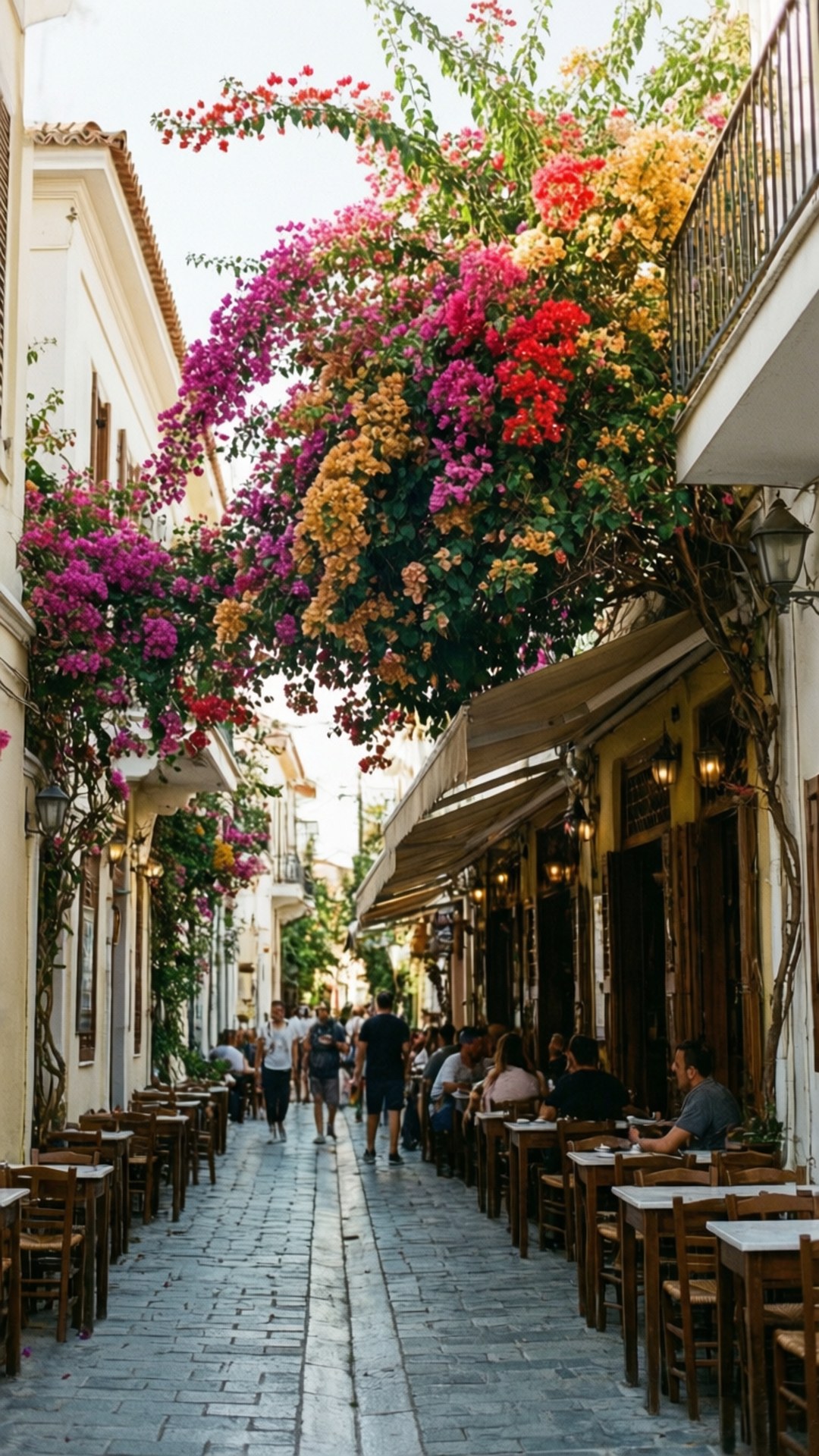 Plaka Colorful Alley 壁紙 — 色彩繽紛的九重葛瀑布般垂落在狹窄的鵝卵石街道上，街道兩旁有戶外咖啡館和行人。
