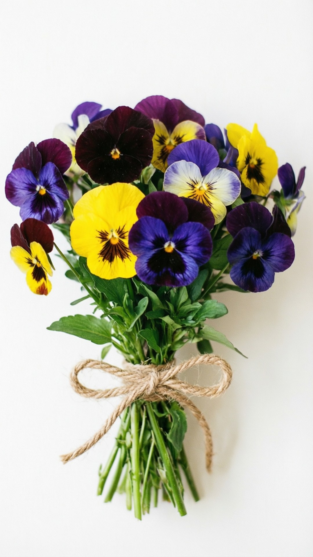 Rustic Pansy Bouquet 壁紙 — 一束充滿活力的紫、黃、白三色三色堇，用質樸的麻繩捆紮，襯以潔白的背景。