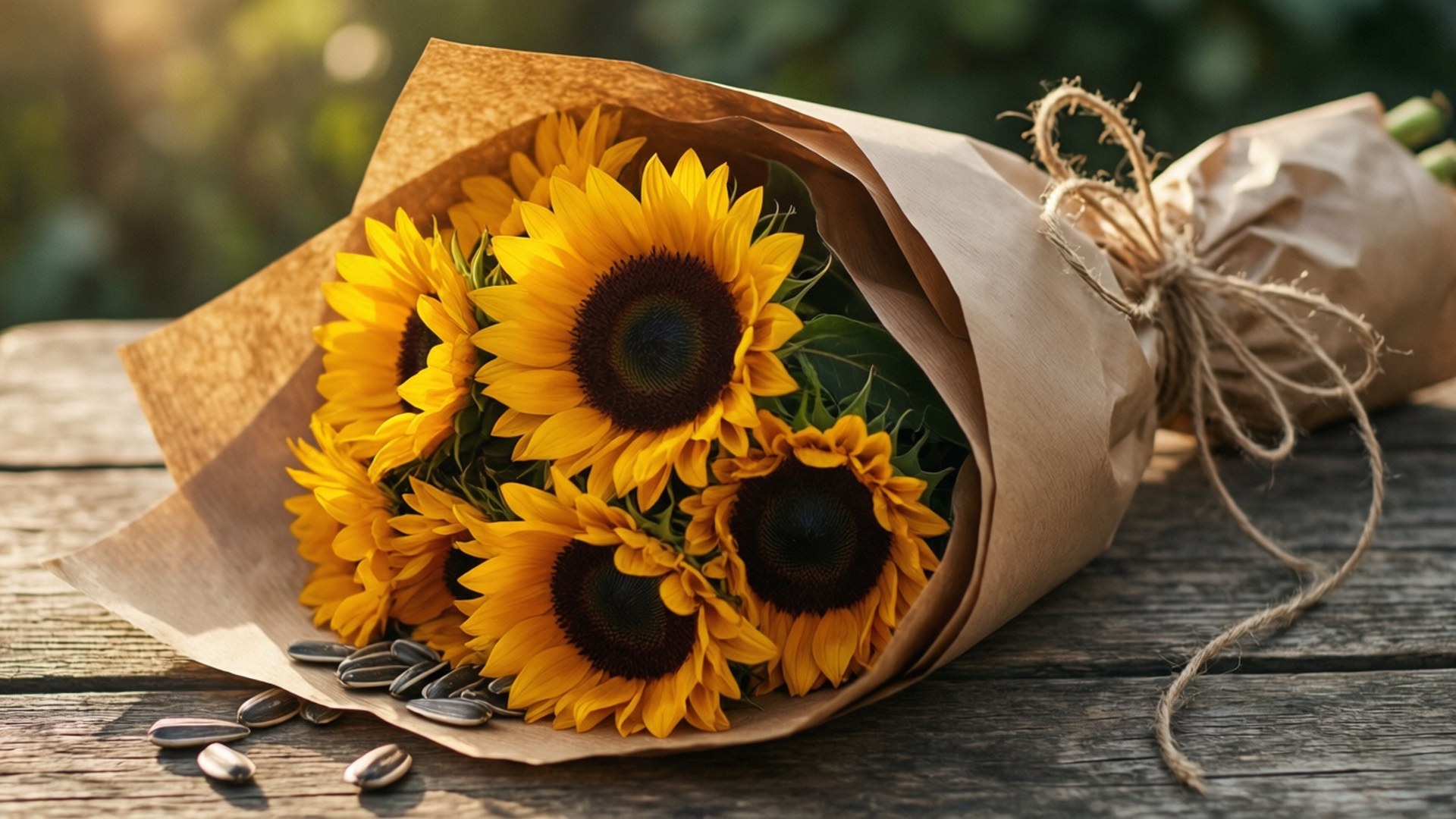 Rustic Sunflower Wrap 壁紙 — 一束充滿活力的向日葵，用棕色紙和麻繩包裹，放在一個風化的木質表面上，周圍散落著種子。