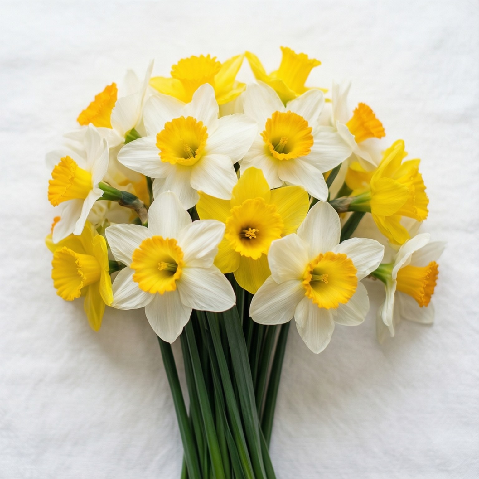 Narcissus Flat Lay 壁紙 — 一束充滿活力的白色和黃色水仙花，帶有綠色莖，放在柔軟的白色紋理表面上。