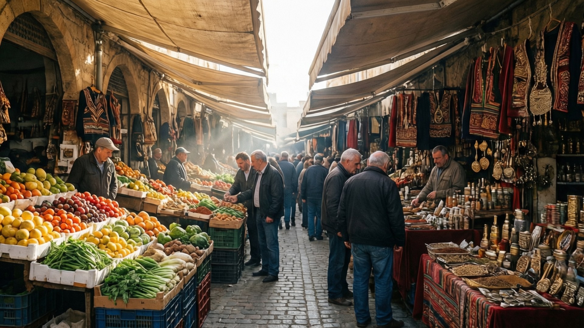 Famagusta Market Morning 壁紙 — 充滿活力的熱鬧市場小巷，色彩繽紛的水果攤和懸掛的紡織品在溫暖的陽光下。