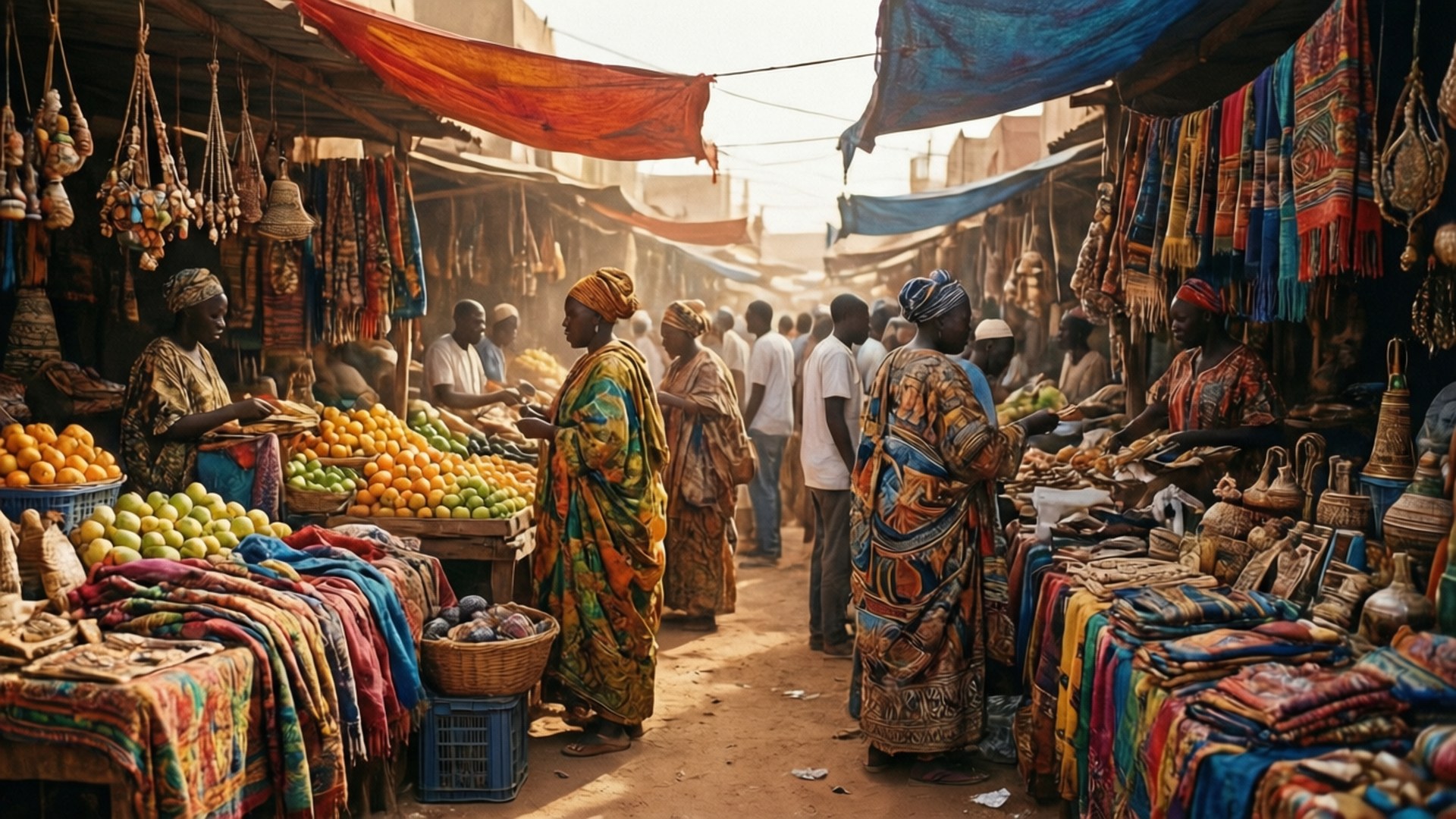 Bamako Market Life 壁紙 — 黃金時段，色彩繽紛的紡織品、水果和人們在懸掛的布料下聚集的熱鬧市場小巷。