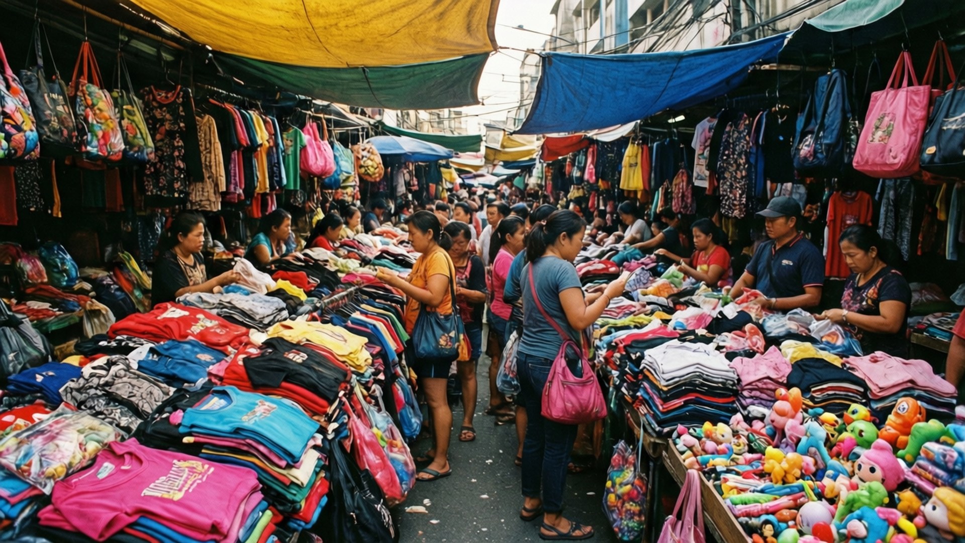 Divisoria Market Chaos 壁紙 — 充滿活力的露天市場攤位，在明亮的防水布下擺滿了色彩繽紛的服裝、毛絨玩具和掛著的袋子。