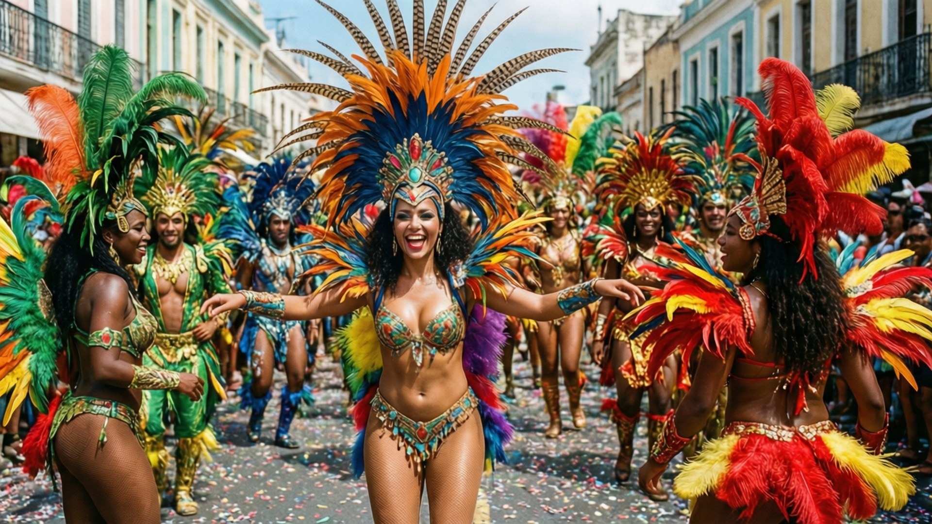 Caribbean Carnival Spirit 壁紙 — 充滿活力的嘉年華舞者穿著精緻的羽毛服飾，在陽光明媚的城市街道上歡樂地遊行。