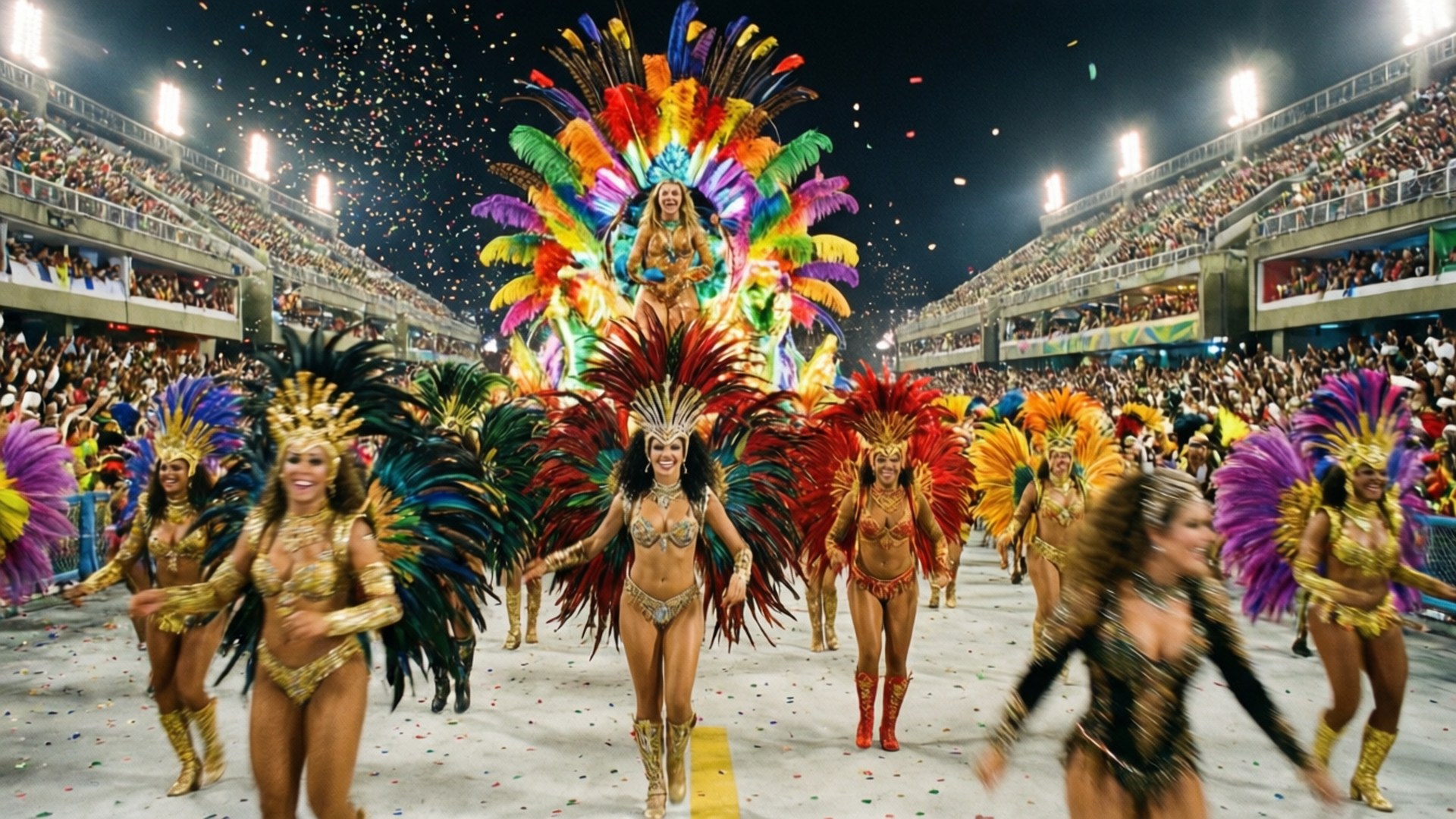 Sambódromo Carnival 壁紙 — 充滿活力的嘉年華舞者穿著精緻的羽毛服裝，在體育場燈光下表演，五彩紙屑如雨般落下。