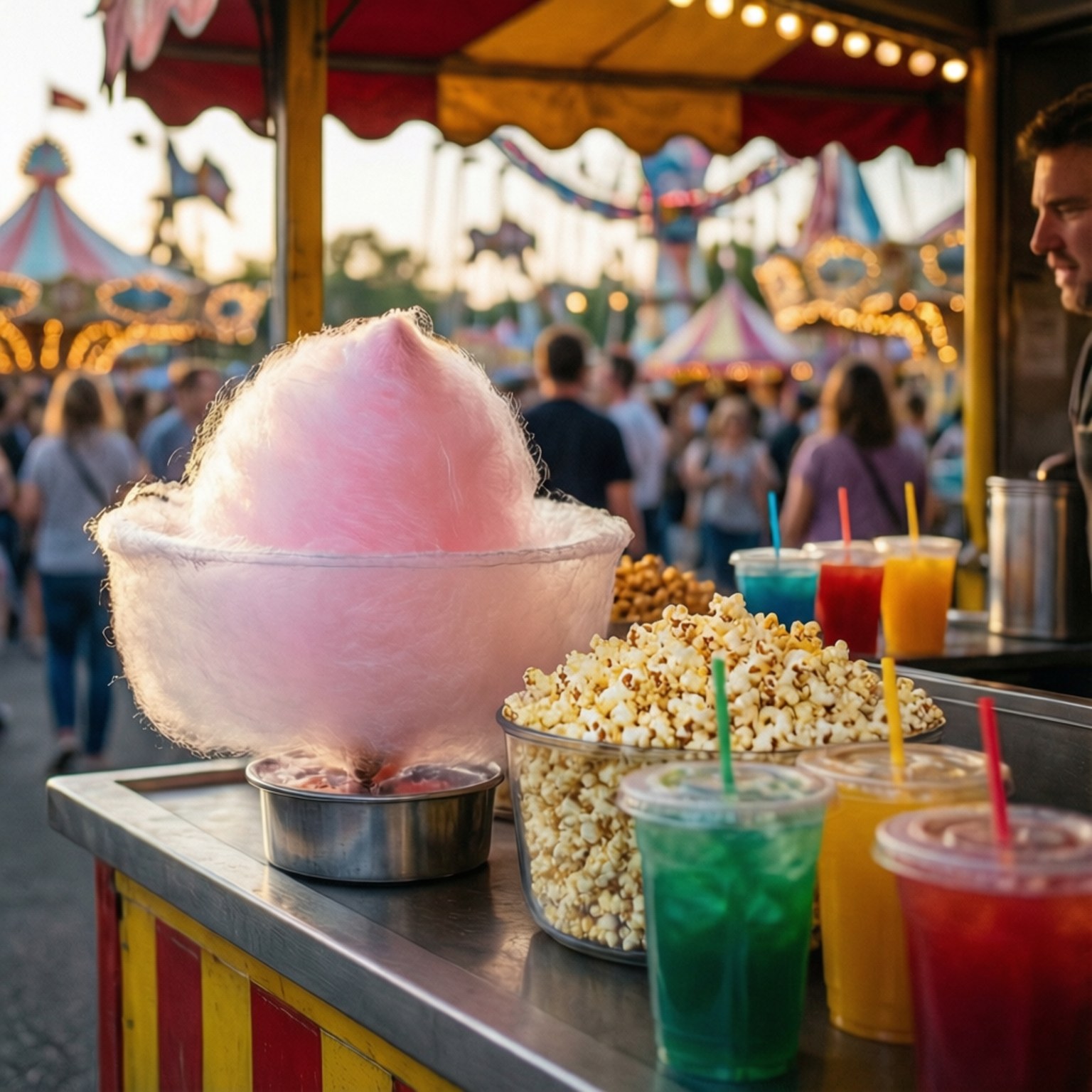 Theme Park 桌布 壁紙 — 一個充滿活力的嘉年華美食攤位在黃昏時分於串燈下展示蓬鬆的粉紅色棉花糖爆米花和色彩繽紛的飲料。