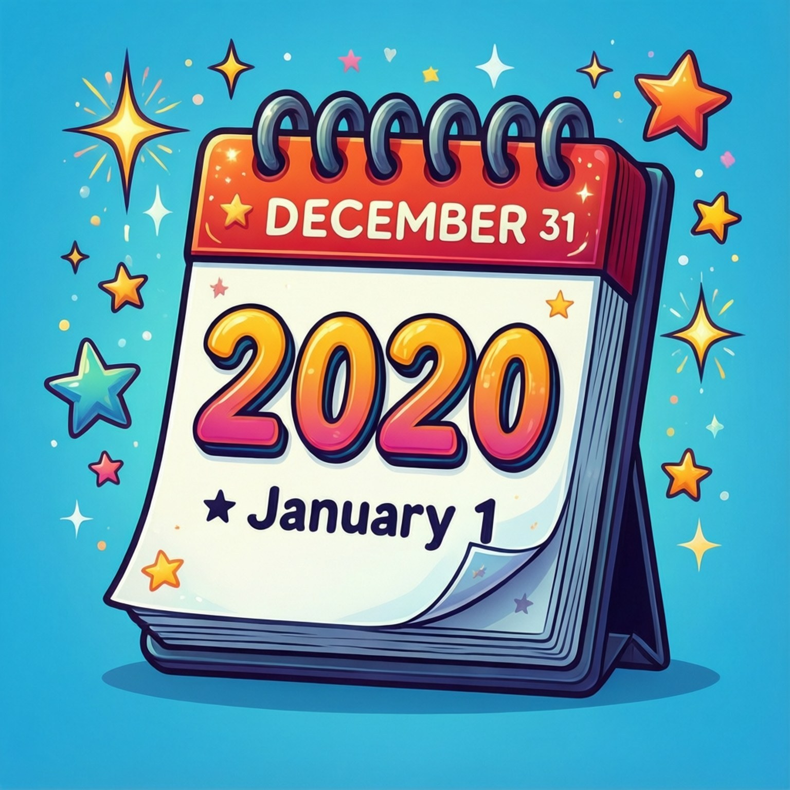 Calendar Flip 2020 壁紙 — 一個充滿活力的卡通日曆，從2020年12月31日翻到1月1日，藍色背景上閃爍著星星。