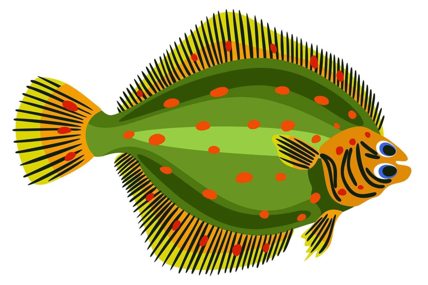  壁紙 — 一條色彩鮮豔的卡通比目魚，綠色身體、橙色斑點和黃色魚鰭，在純白色背景上游泳。