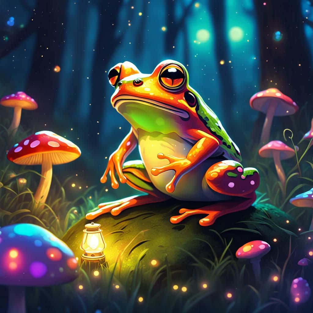  壁紙 — 一隻色彩鮮豔的卡通青蛙坐在長滿苔蘚的石頭上，身處一個閃爍著生物發光蘑菇和漂浮燈光的魔法森林中。